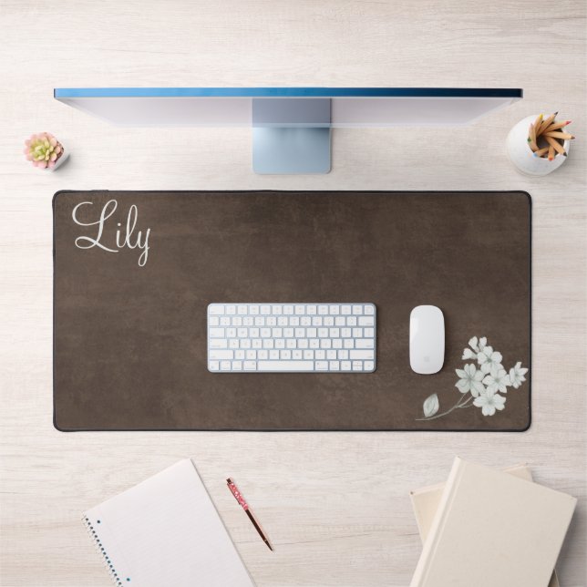 Brown Desk Mat with Flowers and Name (Office 1)
