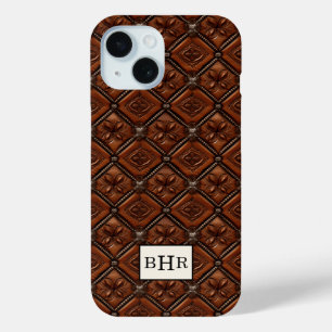 Brown Diamond Leather Monogrammed iPhone 15 Case