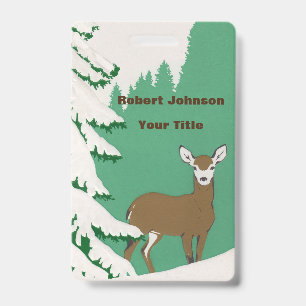 Brown Doe Deer Next to Pine Tree in Snow Badge