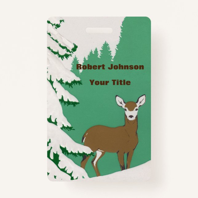 Brown Doe Deer Next to Pine Tree in Snow Badge (Front)
