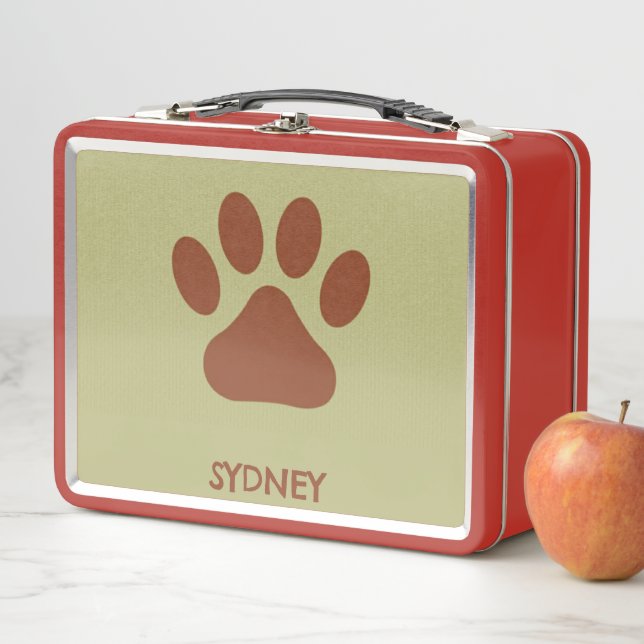 Brown dog paw custom name metal lunch box (In Situ)