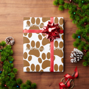 Brown Dog Paw Print Custom Name Wrapping Paper