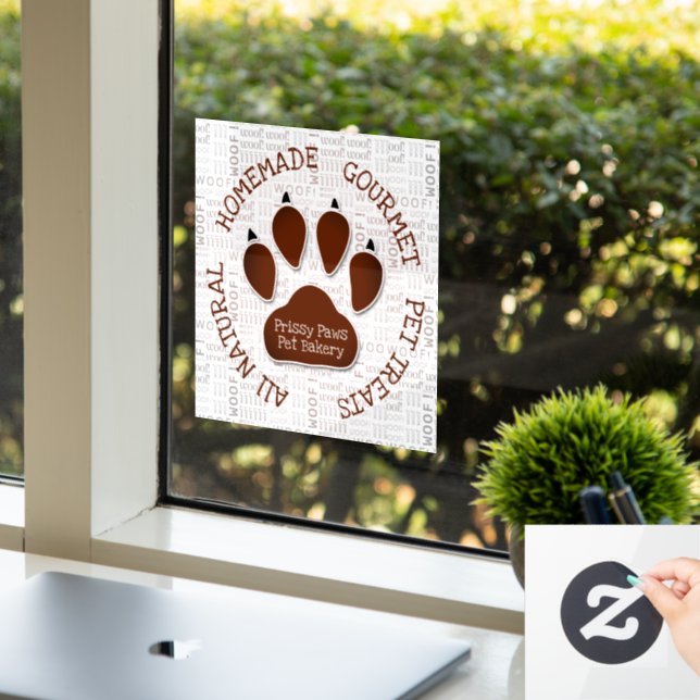 Brown Dog Paw with Pet Business Name Woof Art Window Cling (Office)