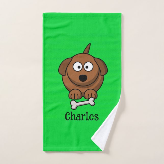 Brown dog with bone personalised on green hand towel (Hand Towel)