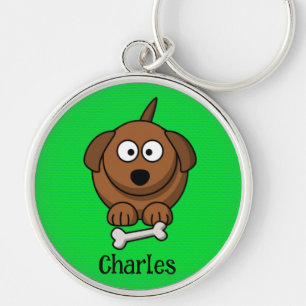 Brown dog with bone personalised on green keychain