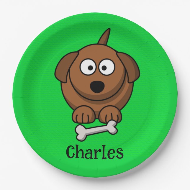 Brown dog with bone personalised on green paper plate (Front)