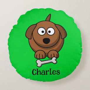 Brown dog with bone personalised on green round pillow