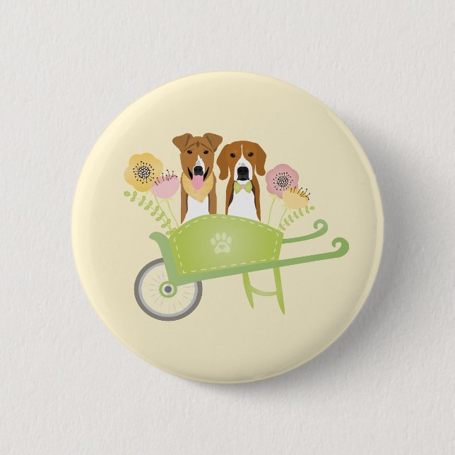 Brown Dogs In Wheelbarrow Spring Flowers 2 Inch Round Button (Front)