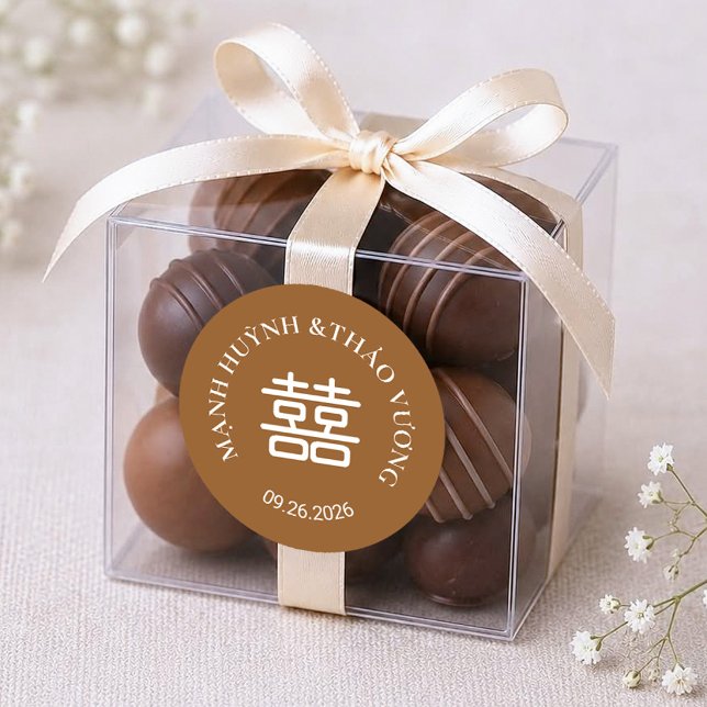 Brown Double Happiness Wedding  Classic Round Sticker (Creator Uploaded)