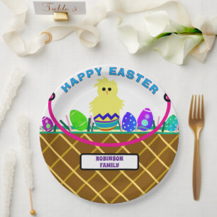 Brown Easter Basket Yellow Chick Eggs Paper Plate