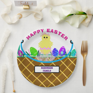 Brown Easter Basket Yellow Pink Chick Egg Paper Plate
