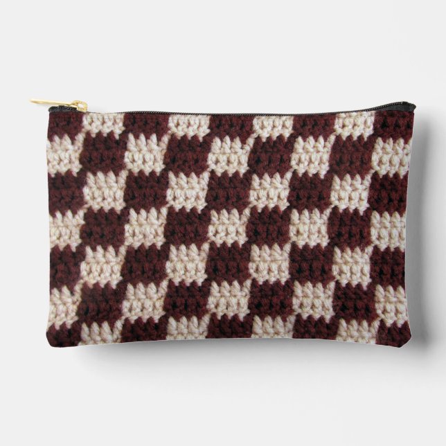Brown Ecru Chequered Pattern Artisan Crochet Print Accessory Pouch (Front)