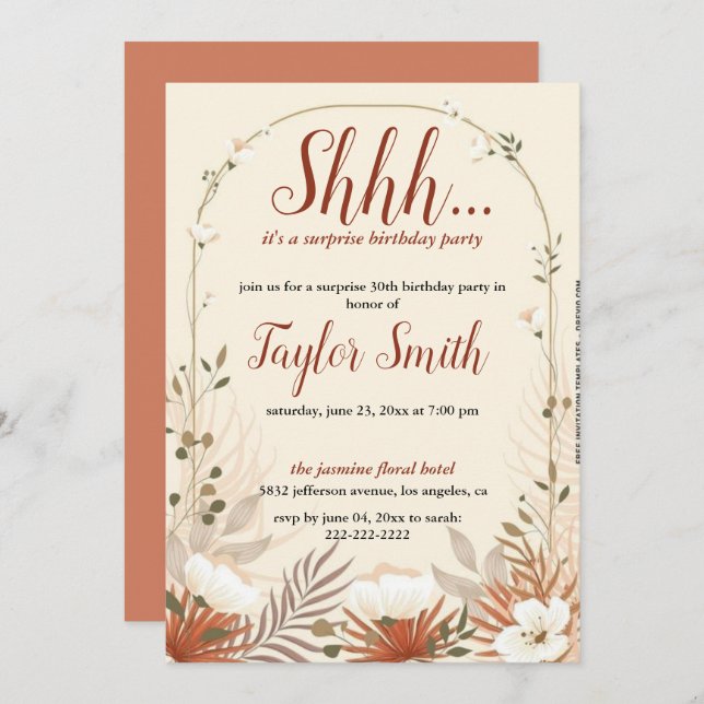 Brown elegant Floral Surprise Party Invite (Front/Back)