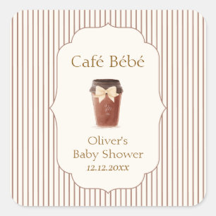 Brown Elegant Stripe Café Bébé Coffee Baby shower Square Sticker