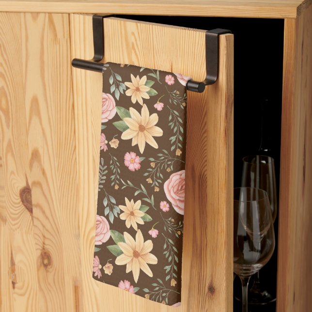Brown Elegant Vintage Wildflower Pattern  Kitchen Towel (Thirds Fold)