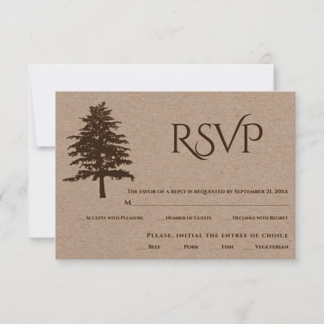 Brown embossed tree kraft paper wedding RSVP card (Front)