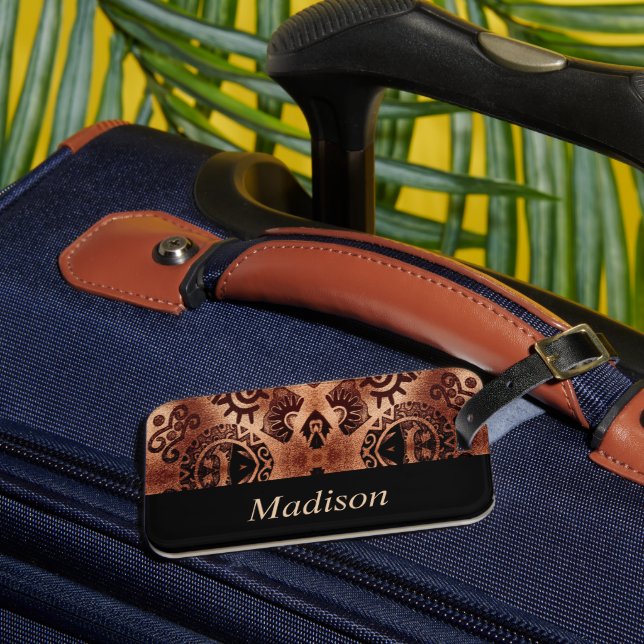 Brown ethical tradional pattern luggage tag (Front Insitu 3)