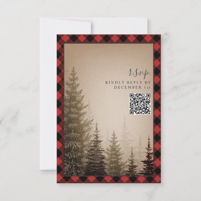 Brown Evergreen Tree Rustic Plaid Wedding QR Code RSVP Card (Front)