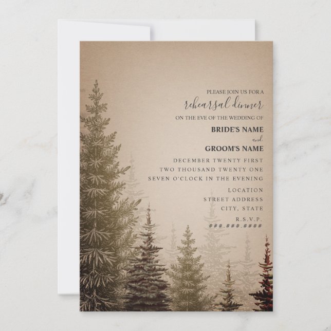 Brown Evergreen Trees Wedding Rehearsal Dinner Invitation (Front)