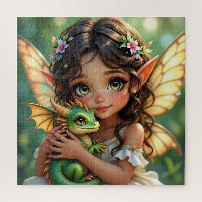 Brown Eyed Elven Fairy and Dragon  Jigsaw Puzzle (Vertical)