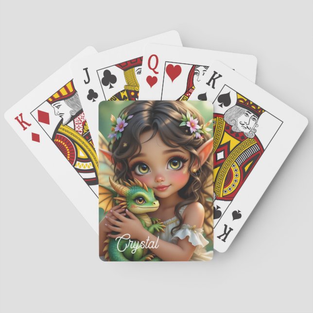 Brown Eyed Elven Fairy and Dragon Personalized Playing Cards (Back)