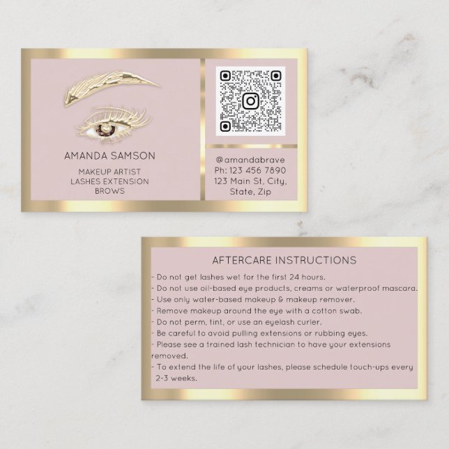 Brown Eyelash Microblade Qr Code Aftercare Blush Business Card (Front/Back)