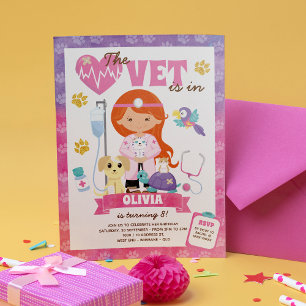 Brown Eyes Red Hair Girl Vet Birthday Party Invitation