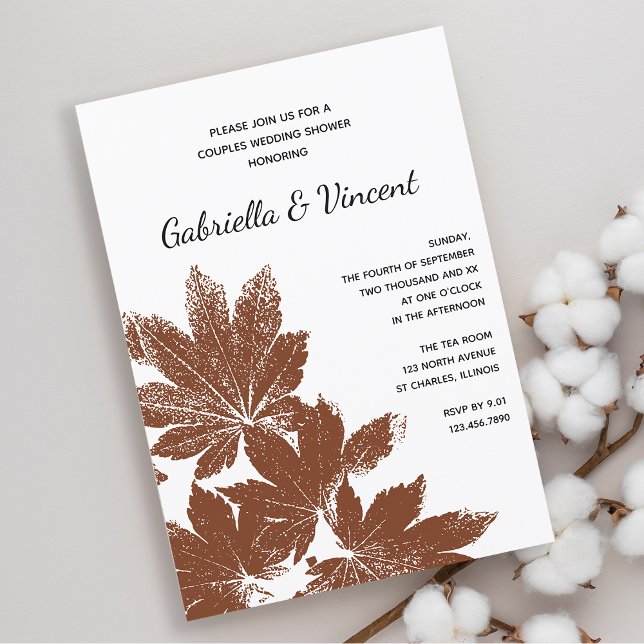Brown Fall Leaf Stamp Couples Wedding Shower Invitation (Fall in Love with this woodland Autumn leaves wedding shower invitation.)