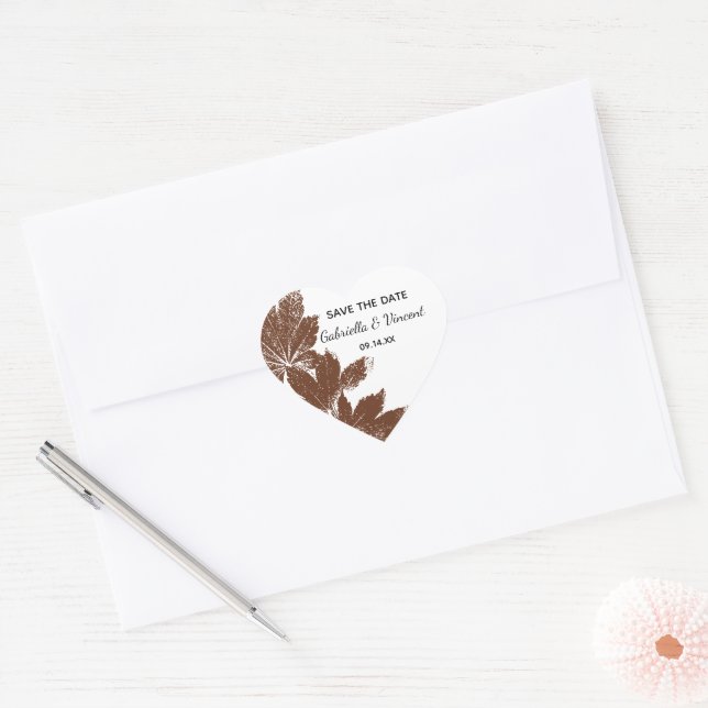 Brown Fall Leaf Stamp Wedding Save the Date Heart Sticker (Envelope)