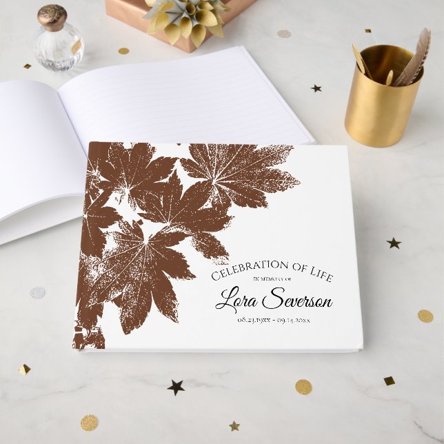 Brown Fall Leaves Celebration of Life Memorial Guest Book (Front Open)
