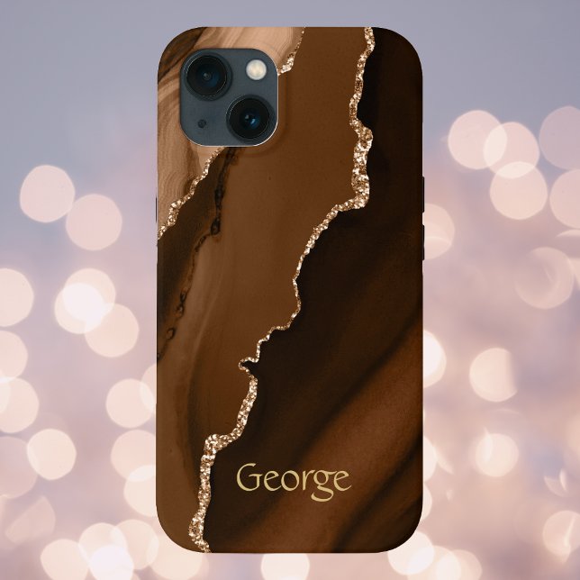 Brown Faux Agate Marled Design with Name iPhone Case (Creator Uploaded)