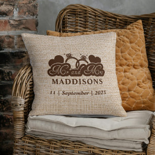 Brown Faux Burlap Mr. and Mrs. Wedding Keepsake Throw Pillow
