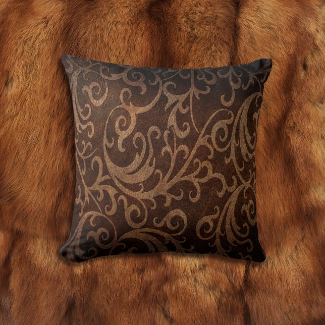 Brown Faux Embossed Swirl Leather Throw Pillow (Creator Uploaded)