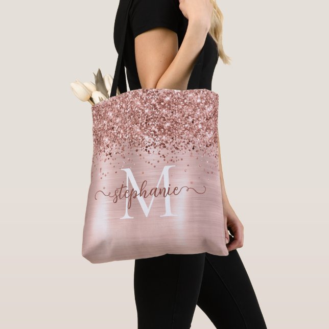 Brown Faux-Glitter Girly Blush Pink Personalized Tote Bag (Close Up)
