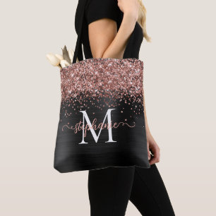 Brown Faux-Glitter Girly Glam Black Personalized Tote Bag