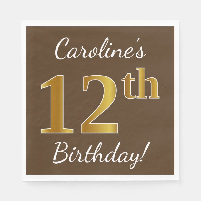 Brown, Faux Gold 12th Birthday + Custom Name Napkin (Front)