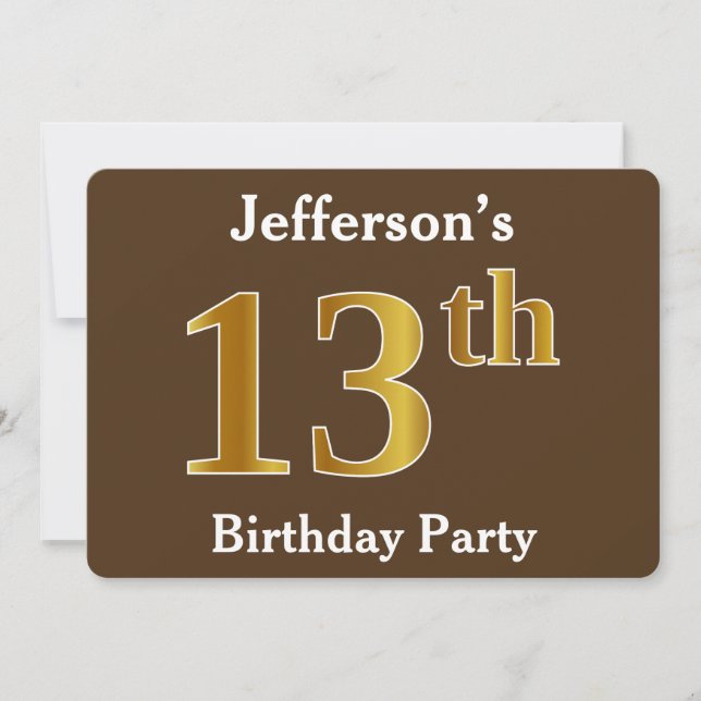 Brown, Faux Gold 13th Birthday Party; Custom Name Invitation (Front)