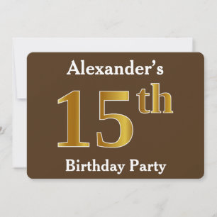 Brown, Faux Gold 15th Birthday Party; Custom Name Invitation