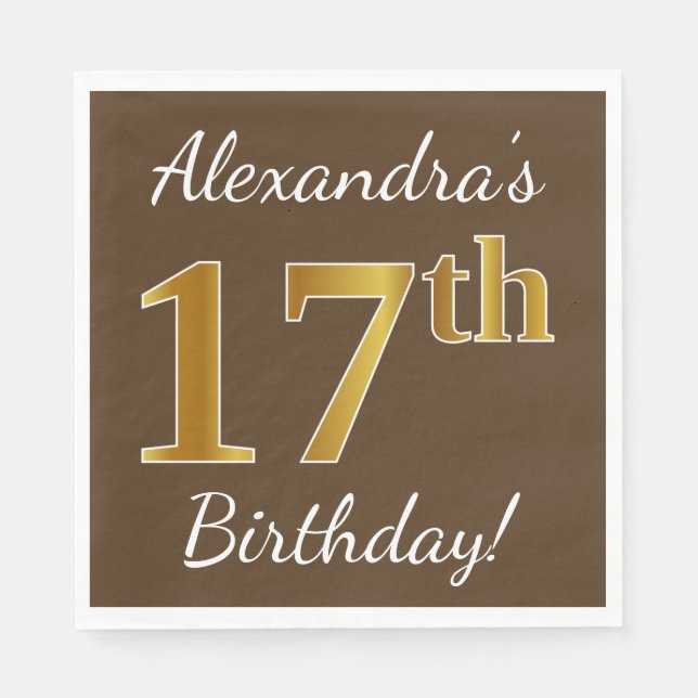 Brown, Faux Gold 17th Birthday + Custom Name Napkin (Front)