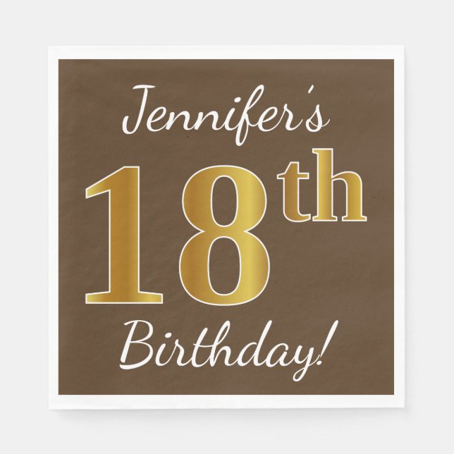 Brown, Faux Gold 18th Birthday + Custom Name Napkin (Front)