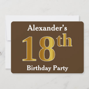 Brown, Faux Gold 18th Birthday Party; Custom Name Invitation