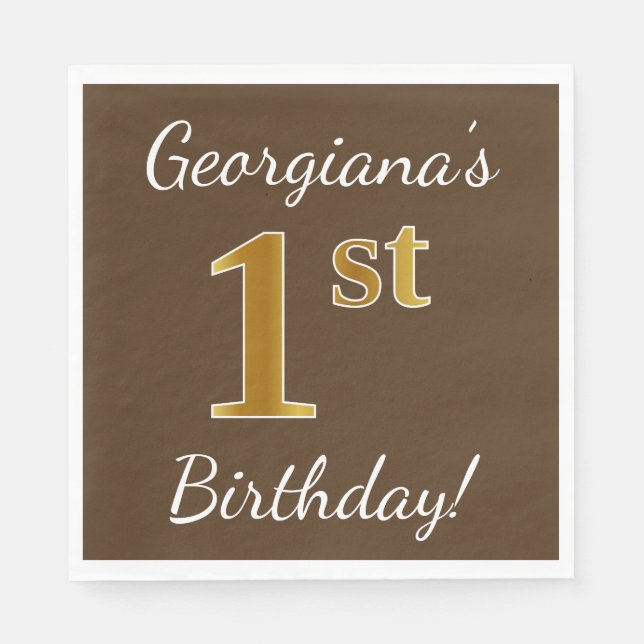 Brown, Faux Gold 1st Birthday + Custom Name Napkin (Front)
