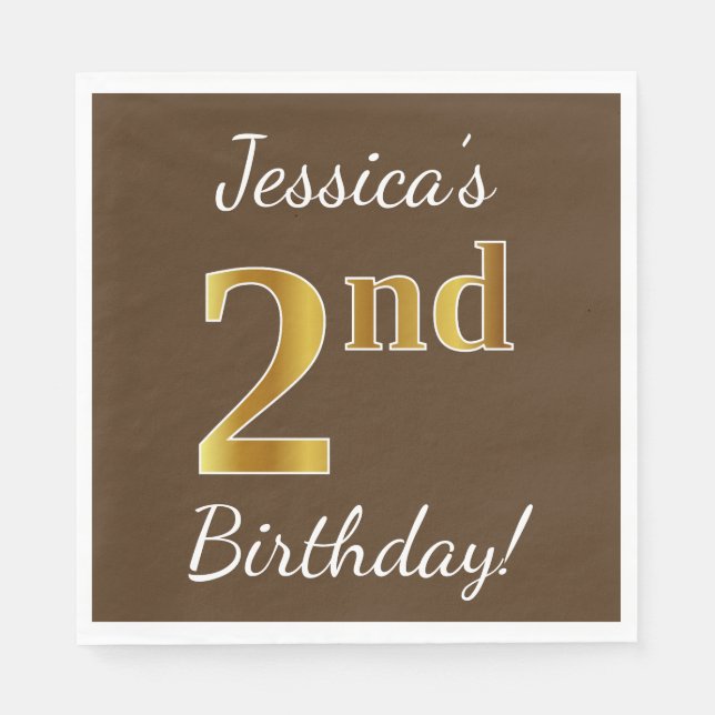 Brown, Faux Gold 2nd Birthday + Custom Name Napkin (Front)