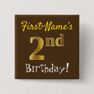 Brown, Faux Gold 2nd Birthday, With Custom Name 2 Inch Square Button