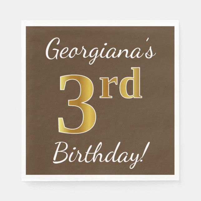 Brown, Faux Gold 3rd Birthday + Custom Name Napkin (Front)