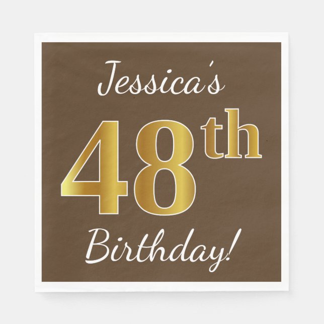 Brown, Faux Gold 48th Birthday + Custom Name Napkin (Front)