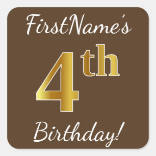 Brown, Faux Gold 4th Birthday + Custom Name Square Sticker
