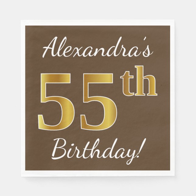 Brown, Faux Gold 55th Birthday + Custom Name Napkin (Front)