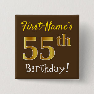 Brown, Faux Gold 55th Birthday, With Custom Name 2 Inch Square Button