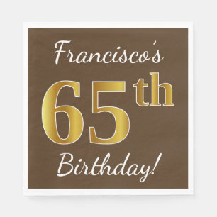 Brown, Faux Gold 65th Birthday + Custom Name Napkin